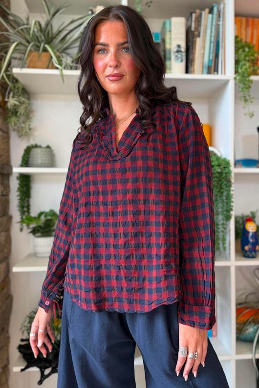 Bibi Gingham Frill Neck Shirt Burgundy